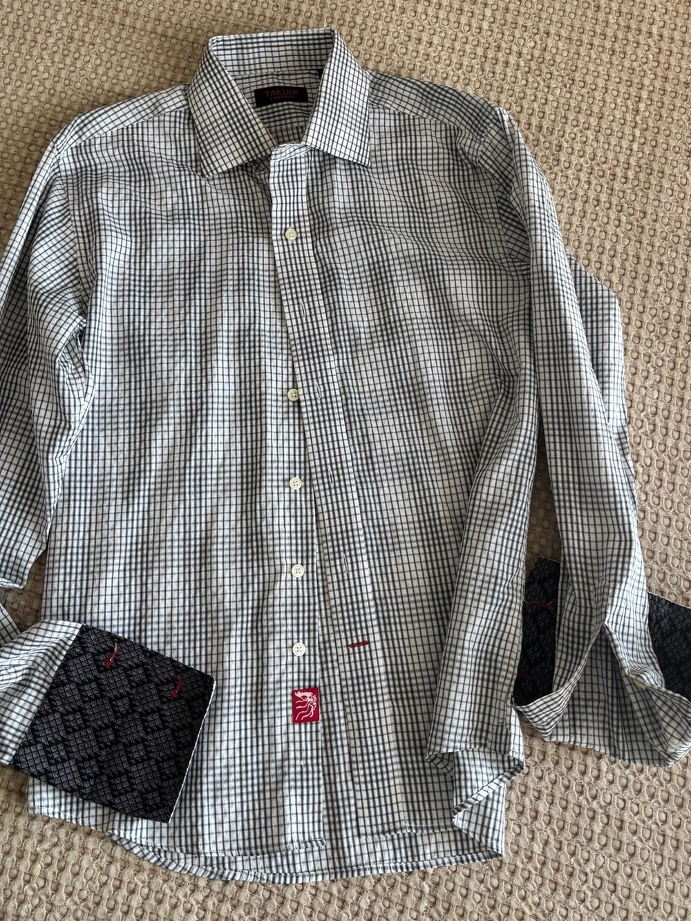 Takumi Japan Men's White and Black Windowpane Dress Shirt with Contrast Cuffs